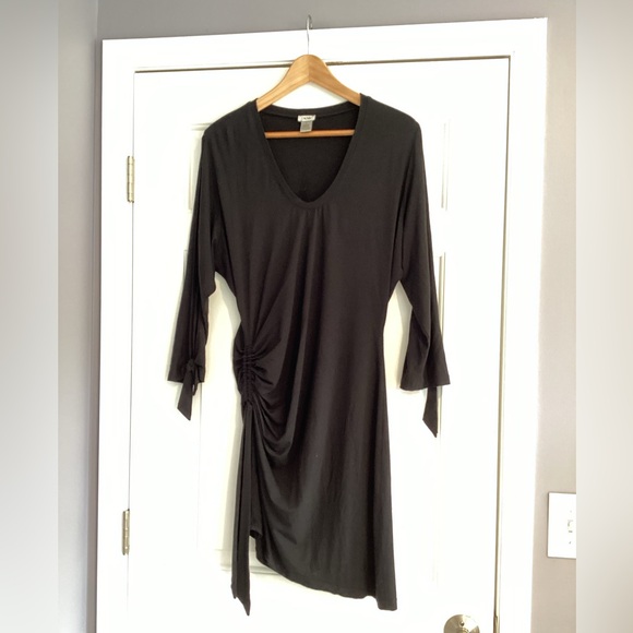 Cache Asymmetrical Ruched Side Open Sleeve Jersey Black Dress L - Picture 1 of 13